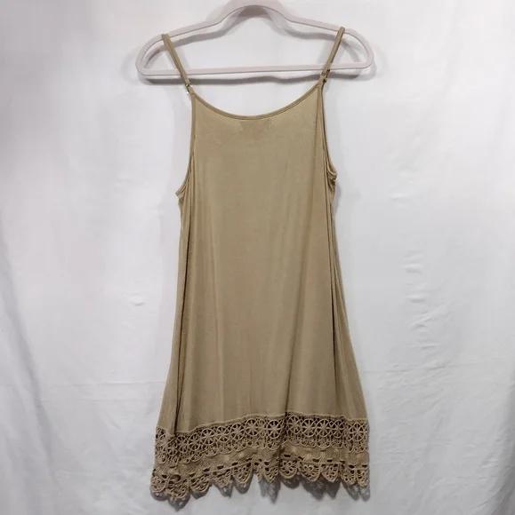 Top Stitch Sleep Dress Women's L Tan Jersey Knit Soft Comfy Lace Crochet Travel - Picture 4 of 6